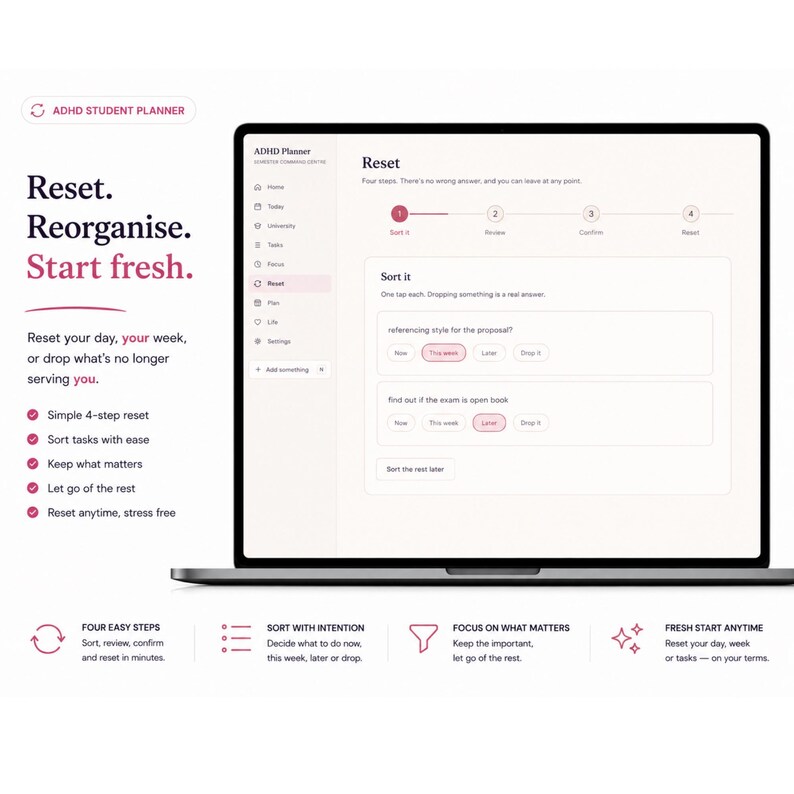 Pu&ograve; includere: Un computer portatile che mostra un'interfaccia di pianificazione per studenti ADHD con un processo di ripristino in quattro fasi. Lo schermo include testo come Reset, Reorganise, Start fresh e Sort it, con dettagli grafici in colore rosa.