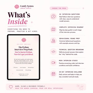 May include: A digital product display titled Comfy Syntax Career Series: The Python Interview Prep Pack. It includes 82 interview questions, a roadmap, behavioral prep, technical breakdowns, a mock interview studio, and a 30-day challenge.