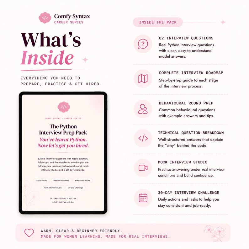 May include: A digital product display titled Comfy Syntax Career Series: The Python Interview Prep Pack. It includes 82 interview questions, a roadmap, behavioral prep, technical breakdowns, a mock interview studio, and a 30-day challenge.