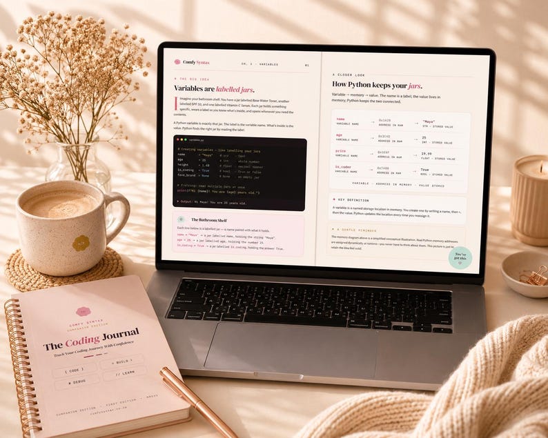 May include: A laptop displaying a digital page titled Comfy Syntax with text about Python variables, alongside a spiral-bound notebook titled The Coding Journal, a ceramic mug, a pen, and a vase of dried flowers on a light-colored surface.