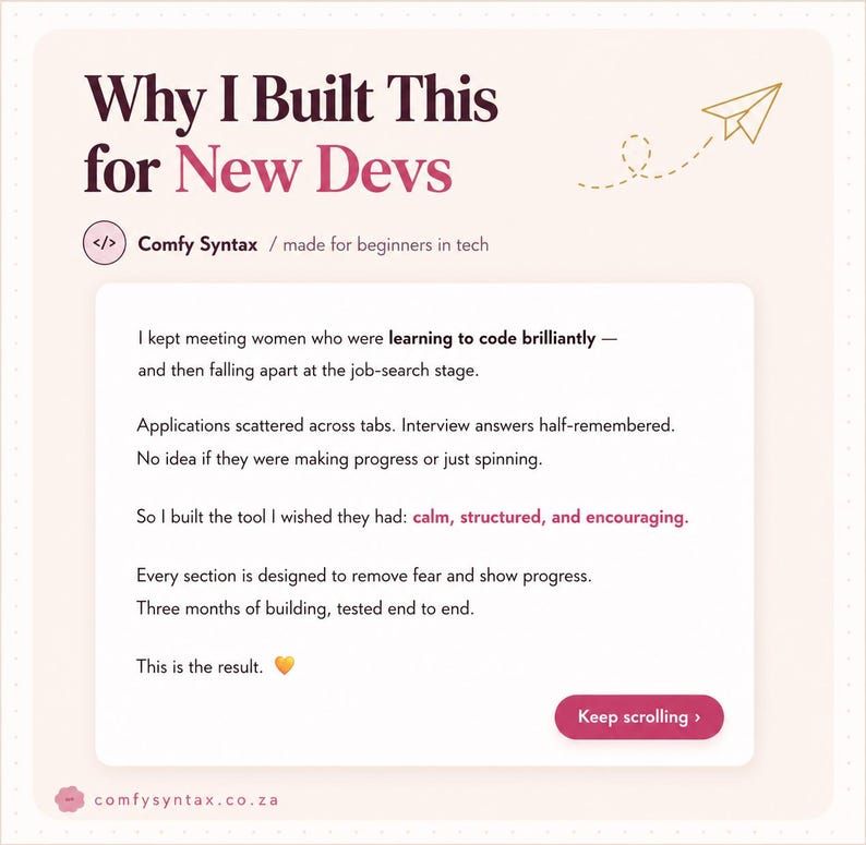 Puede incluir: Un gr&aacute;fico digital con el t&iacute;tulo Why I Built This for New Devs, un icono de avi&oacute;n de papel, el texto Comfy Syntax / made for beginners in tech y un p&aacute;rrafo que explica el prop&oacute;sito de la herramienta, terminando con un bot&oacute;n Keep scrolling.
