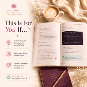 May include: An open instructional book titled Mood Checker with code snippets, a cup of latte, and a dark purple spiral notebook with a gold pen. The page features text about building interactive programmes, variables, and conditional logic in code.