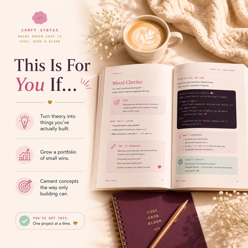 May include: An open instructional book titled Mood Checker with code snippets, a cup of latte, and a dark purple spiral notebook with a gold pen. The page features text about building interactive programmes, variables, and conditional logic in code.