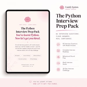 Op de afbeelding: Een digitale tablet met het Python Interview Prep Pack, met 82 interviewvragen, modelantwoorden, een stappenplan, voorbereiding op gedragsrondes, een mock-interviewstudio en een 30-dagen uitdaging. Het ontwerp gebruikt een zachtroze en donkerrode kleur.
