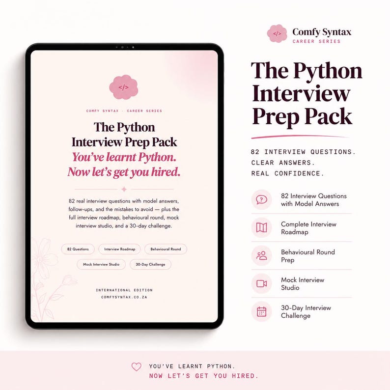 May include: A digital tablet displaying The Python Interview Prep Pack, featuring 82 interview questions, model answers, a roadmap, behavioral round prep, a mock interview studio, and a 30-day challenge. The design uses a soft pink and dark maroon color palette.
