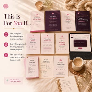 K&ouml;nnte beinhalten: Eine Sammlung von Lernmaterialien f&uuml;r Python, bestehend aus mehreren B&uuml;chern, Arbeitsheften, Lernkarten, einem Spickzettel, einem Vision Board und einem Tablet mit Code-Anzeige, arrangiert mit einer Kaffeetasse und einem Notizbuch.