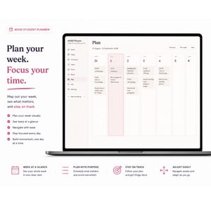 Pu&ograve; includere: Un pianificatore digitale per studenti ADHD visualizzato su uno schermo di un portatile, con una vista del calendario settimanale, attivit&agrave; programmate, un menu di navigazione laterale e il testo Plan your week. Focus your time.