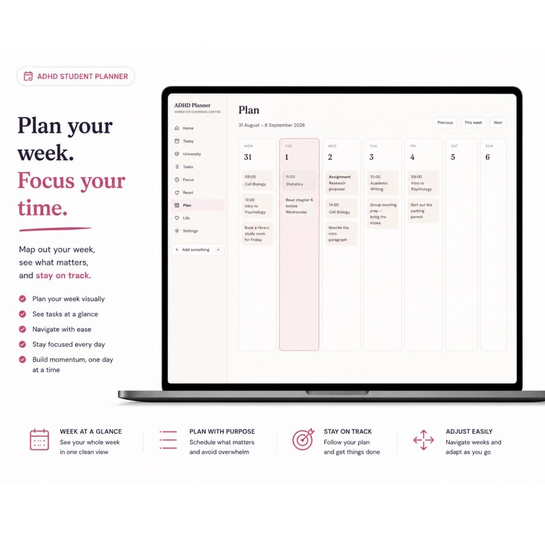 Pu&ograve; includere: Un pianificatore digitale per studenti ADHD visualizzato su uno schermo di un portatile, con una vista del calendario settimanale, attivit&agrave; programmate, un menu di navigazione laterale e il testo Plan your week. Focus your time.