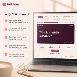 K&ouml;nnte beinhalten: Ein Laptop-Bildschirm mit der Benutzeroberfl&auml;che von Comfy Syntax Python Flashcards, einer dunkelvioletten Karte mit dem Text 'What is a variable in Python?' und einer Seitenleiste, die Funktionen wie aktives Abrufen und Fortschrittsverfolgung auflistet.