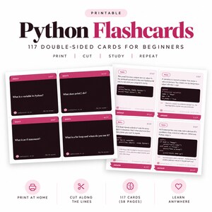 Python Coding Flashcards | 117 Syntax Study Cards, Beginner Revision Deck (Digital Download)