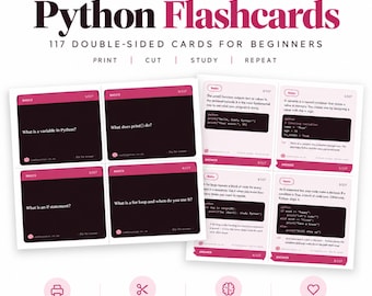Flashcard di programmazione Python / 117 schede di studio della sintassi, mazzo di ripasso per principianti (download digitale)