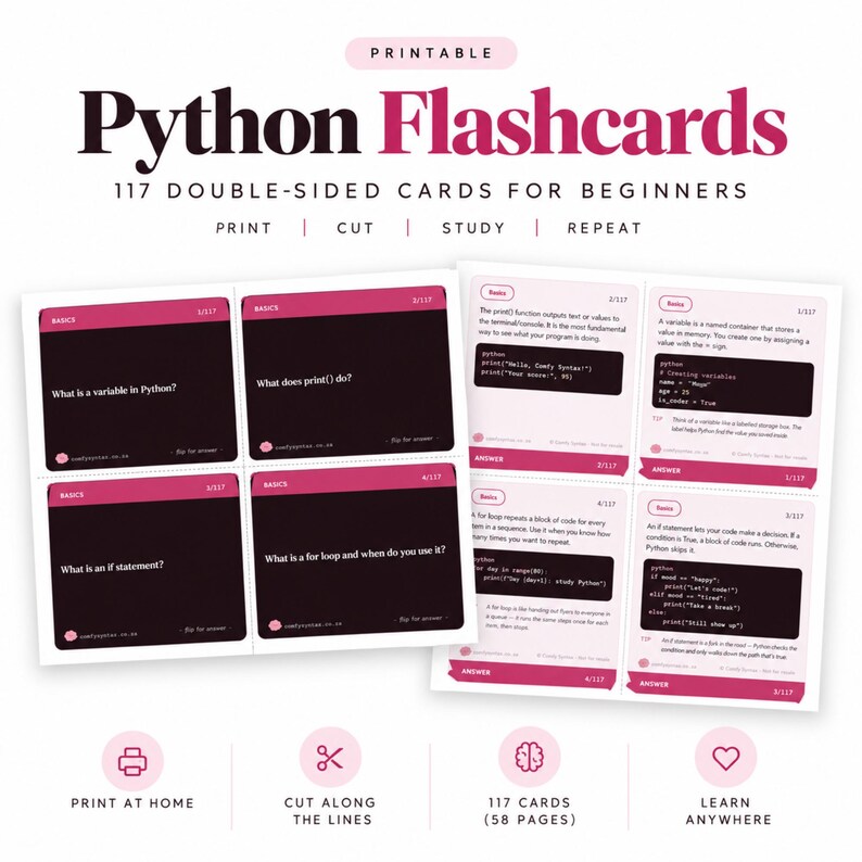 Python Coding Flashcards | 117 Syntax Study Cards, Beginner Revision Deck (Digital Download) image 1