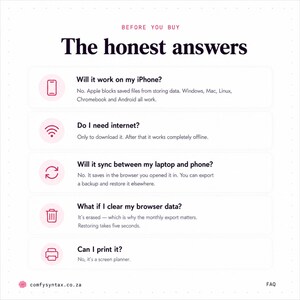 Pu&ograve; includere: Un grafico informativo intitolato Before You Buy The honest answers, che presenta cinque sezioni FAQ con icone per telefono, Wi-Fi, frecce di sincronizzazione, cestino e stampante, fornendo dettagli tecnici sulla compatibilit&agrave;.