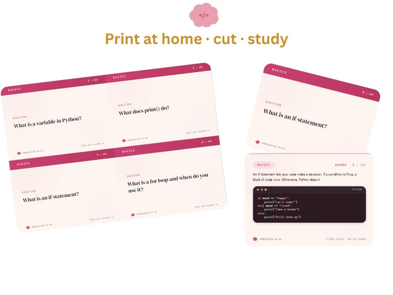 Python Coding Flashcards | 105 Syntax Study Cards, Beginner Revision Deck (Digital Download) 画像 9
