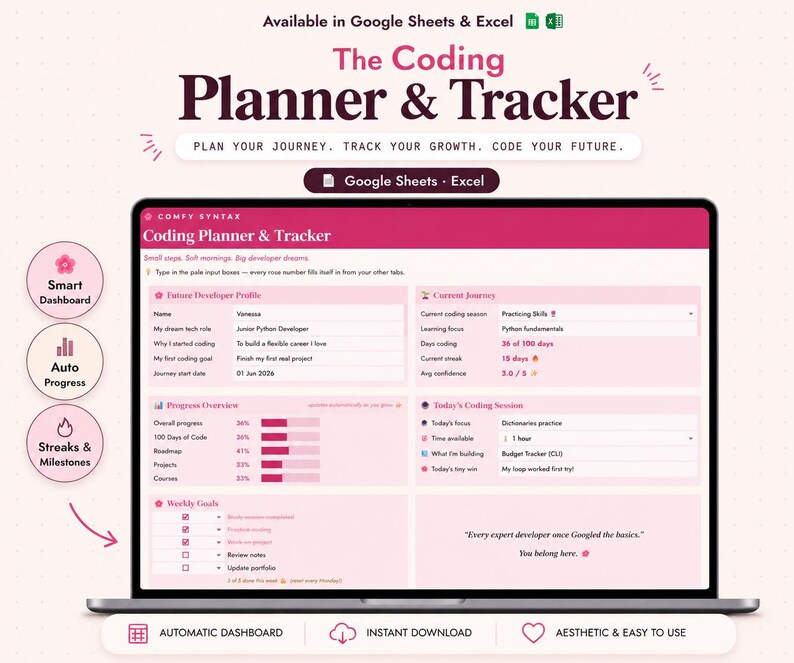 Coding Planner | 100 Days Habit Tracker | Excel Google Sheets (Digital Download) immagine 1