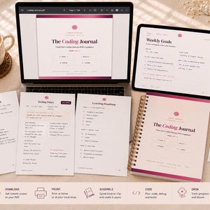 May include: A digital coding journal set featuring a laptop and tablet displaying planning pages, alongside printed sheets for daily logs, debugging, and roadmaps. A spiral-bound physical journal and a note page with code snippets are included.