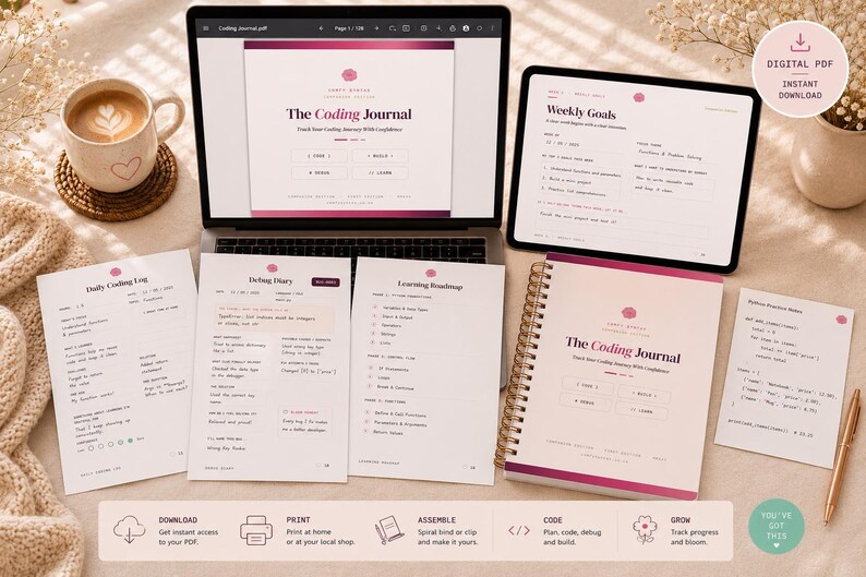 May include: A digital coding journal set featuring a laptop and tablet displaying planning pages, alongside printed sheets for daily logs, debugging, and roadmaps. A spiral-bound physical journal and a note page with code snippets are included.