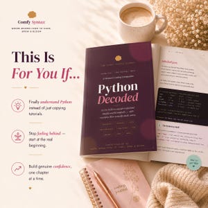 May include: A dark purple book titled Python Decoded with a white coffee mug, a spiral-bound pink coding journal, and a gold pen. The book cover features text about Python concepts, while the open page displays code examples and text about labelled jars.