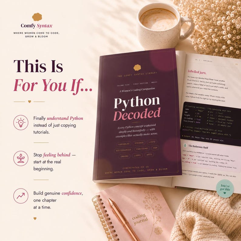 May include: A dark purple book titled Python Decoded with a white coffee mug, a spiral-bound pink coding journal, and a gold pen. The book cover features text about Python concepts, while the open page displays code examples and text about labelled jars.