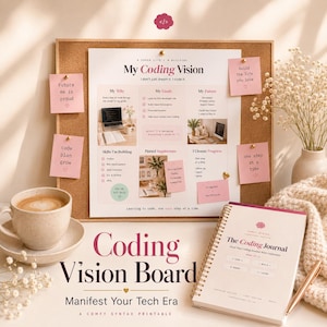 Pu&ograve; includere: Una bacheca in sughero intitolata My Coding Vision con note adesive rosa, insieme a un diario di programmazione a spirale, una tazza di caff&egrave; in ceramica e fiori secchi. La bacheca presenta sezioni con obiettivi e competenze.