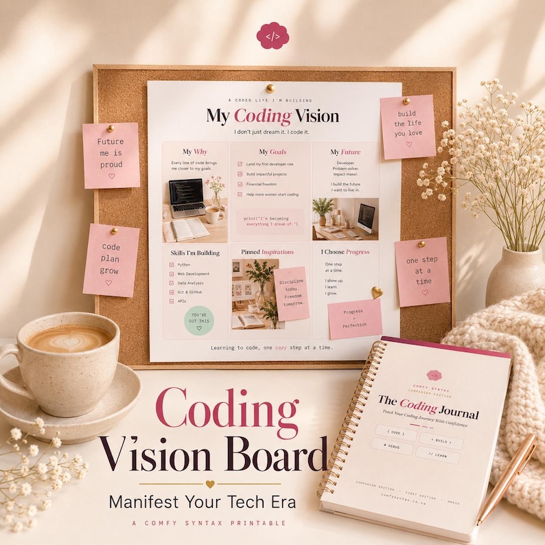 Pu&ograve; includere: Una bacheca in sughero intitolata My Coding Vision con note adesive rosa, insieme a un diario di programmazione a spirale, una tazza di caff&egrave; in ceramica e fiori secchi. La bacheca presenta sezioni con obiettivi e competenze.