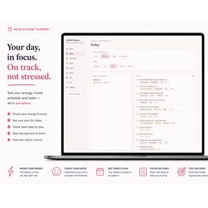 Pu&ograve; includere: Un pianificatore digitale per studenti ADHD visualizzato su uno schermo di un portatile, con una dashboard per il monitoraggio dell'energia e dell'umore, un programma giornaliero e una lista di attivit&agrave;. Include il testo Your day, in focus.