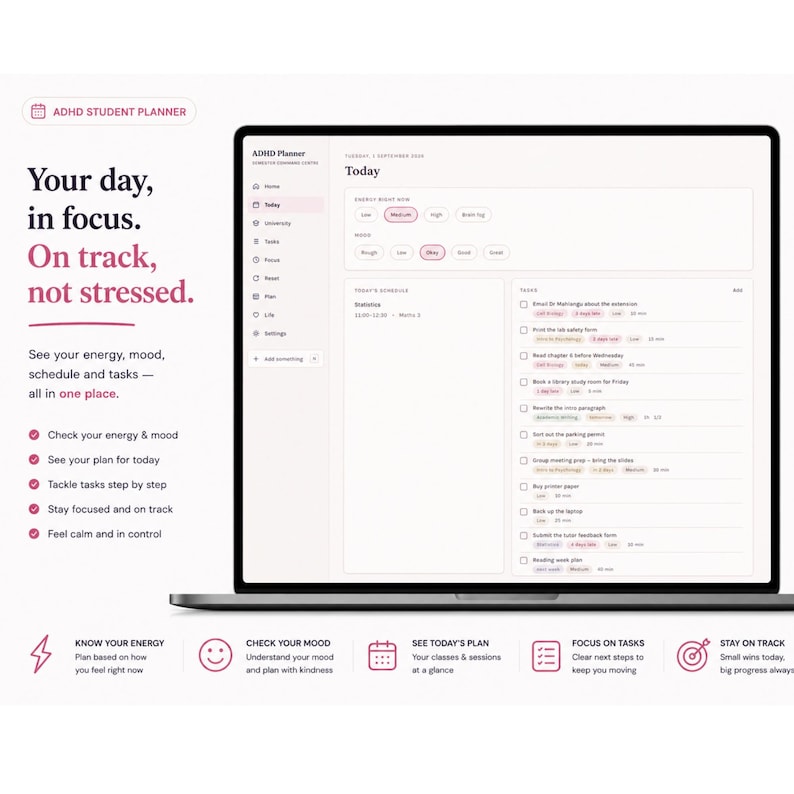 Pu&ograve; includere: Un pianificatore digitale per studenti ADHD visualizzato su uno schermo di un portatile, con una dashboard per il monitoraggio dell'energia e dell'umore, un programma giornaliero e una lista di attivit&agrave;. Include il testo Your day, in focus.