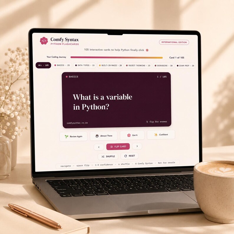 K&ouml;nnte beinhalten: Ein Laptop-Bildschirm mit der Benutzeroberfl&auml;che von Comfy Syntax Python Flashcards. Zu sehen ist eine dunkelviolette Karte mit dem Text What is a variable in Python?, eine Fortschrittsanzeige, Navigationsschaltfl&auml;chen und Optionen.