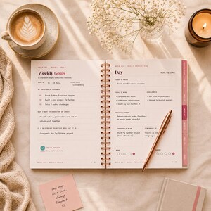 May include: A spiral-bound planner open to a weekly goals and daily reflection page with handwritten text about coding tasks. A rose gold pen rests on the page. The planner features sections for goals, daily focus, challenges, and learning notes.