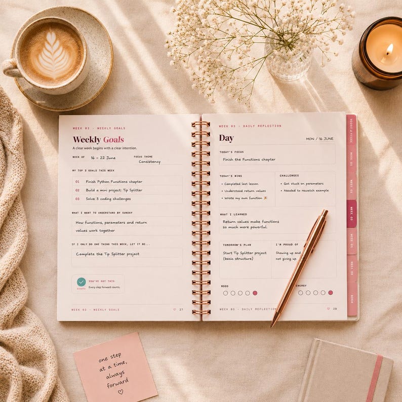 May include: A spiral-bound planner open to a weekly goals and daily reflection page with handwritten text about coding tasks. A rose gold pen rests on the page. The planner features sections for goals, daily focus, challenges, and learning notes.