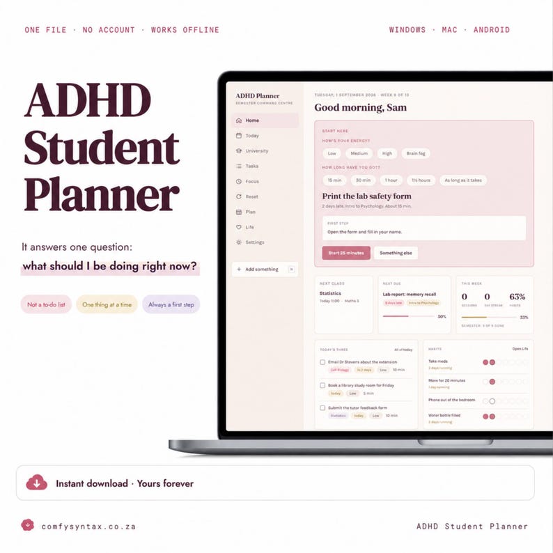 Pu&ograve; includere: Un pianificatore digitale per studenti con ADHD visualizzato su uno schermo di un portatile, con un'interfaccia pulita per attivit&agrave;, livelli di energia e obiettivi giornalieri. Il testo include 'ADHD Student Planner' e 'Good morning, Sam'.