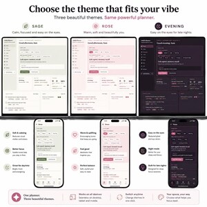 Pu&ograve; includere: Un'interfaccia di pianificazione digitale visualizzata su schermi desktop e mobili, con tre temi di colore distinti: verde salvia, rosa e modalit&agrave; scura. Il layout include elenchi di attivit&agrave;, barre di avanzamento e note di studio intitolate Lab report: memory recall.