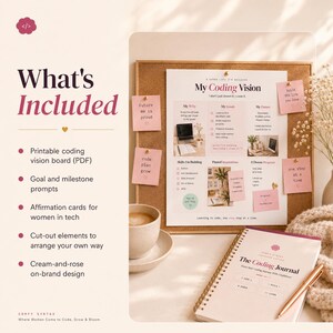 Pu&ograve; includere: Una bacheca di visione per la programmazione stampabile e un diario di programmazione con un design color crema e rosa. La bacheca presenta sezioni per obiettivi, competenze e ispirazioni, fissata su un sughero con note adesive rosa e una tazza.