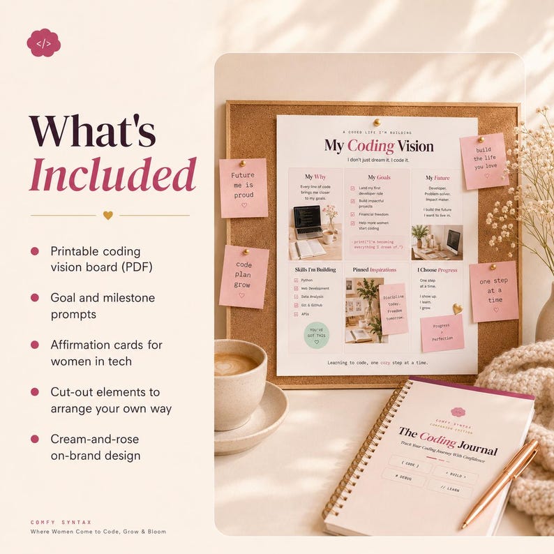 Pu&ograve; includere: Una bacheca di visione per la programmazione stampabile e un diario di programmazione con un design color crema e rosa. La bacheca presenta sezioni per obiettivi, competenze e ispirazioni, fissata su un sughero con note adesive rosa e una tazza.