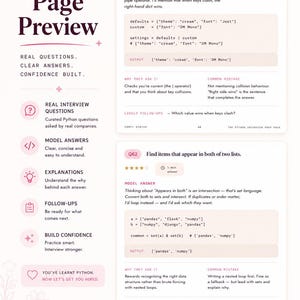May include: A page preview from the Comfy Syntax Career Series featuring Python interview questions Q61 and Q62. The layout includes model answers, explanations, common mistakes, and follow-up questions for merging dictionaries and finding list intersections.
