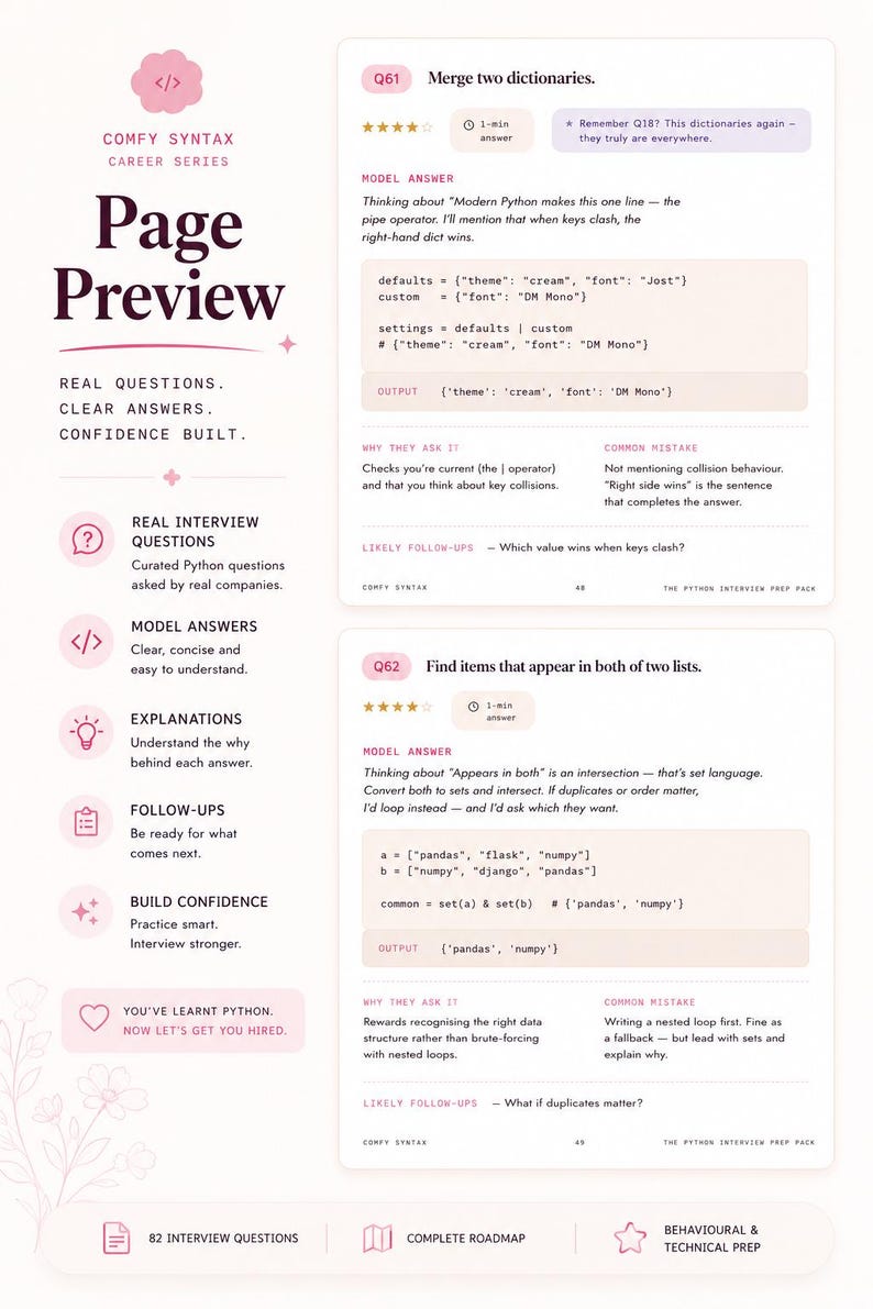 May include: A page preview from the Comfy Syntax Career Series featuring Python interview questions Q61 and Q62. The layout includes model answers, explanations, common mistakes, and follow-up questions for merging dictionaries and finding list intersections.