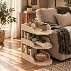 Narrow Side Table, 3 Tier End Table with Storage, Modern Living Room Furniture, Travertine Look
