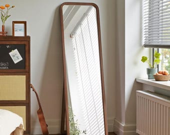 Modern Walnut Full Length Floor Mirror 63x18, Freestanding Body Mirror with Stand