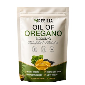 Puede incluir: Una bolsa blanca y verde oscuro de suplemento dietético Resilia Oil of Oregano de 6.000 mg con aceite de semilla negra. El frente muestra texto, tres cápsulas blandas de color amarillo dorado, hojas de orégano verdes y semillas negras.