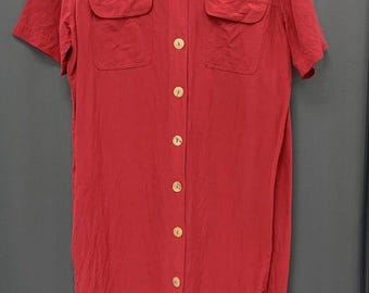 Vintage Tess Silk Linen Midi Shirt Dress Size 8 Red Abalone Buttons Coastal FLAW