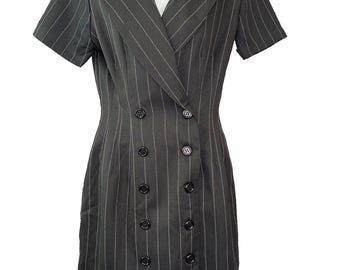 Vtg 80s La Belle Black Pinstripe Blazer Shirt Dress Size 7 Minimalist Structured