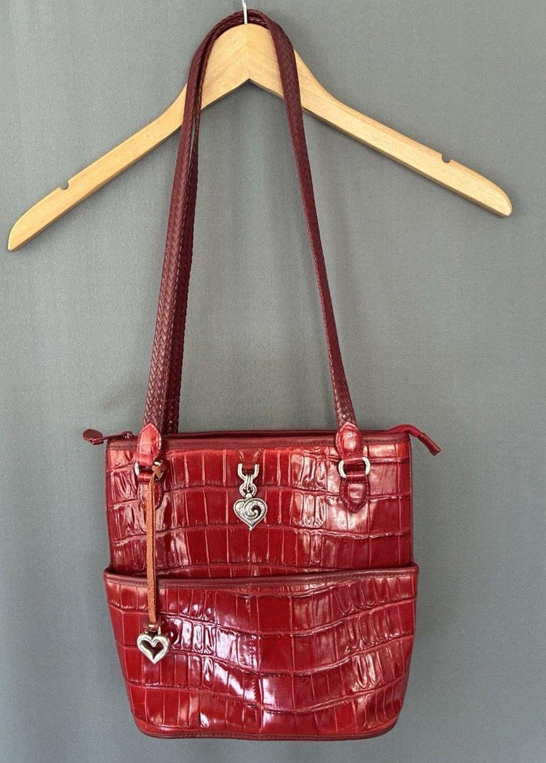Vintage Brighton Penelope Bucket Shoulder Bag Croc Embossed Red Leather Purse image 1