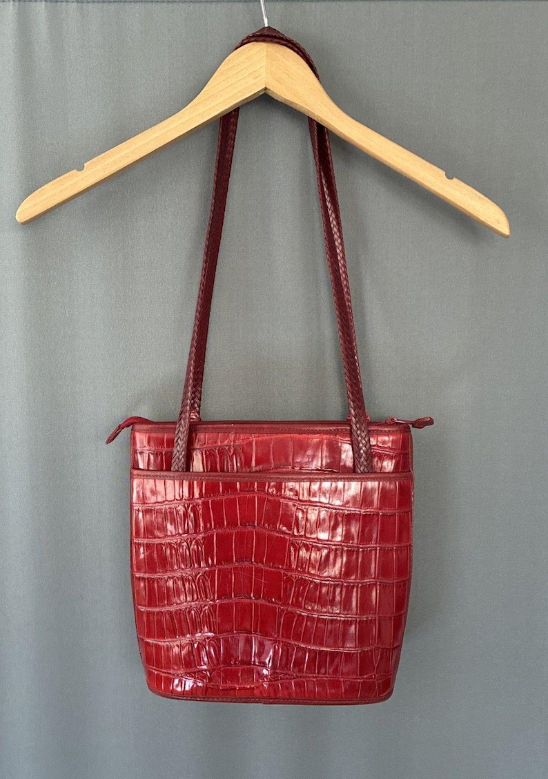 Vintage Brighton Penelope Bucket Shoulder Bag Croc Embossed Red Leather Purse image 4