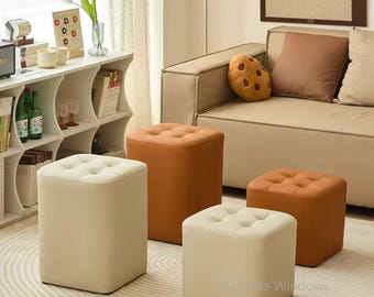 Modern Tufted Vanity Stool, Round Faux Leather Ottoman, Small Footrest Pouf, Minimalist Accent Seat