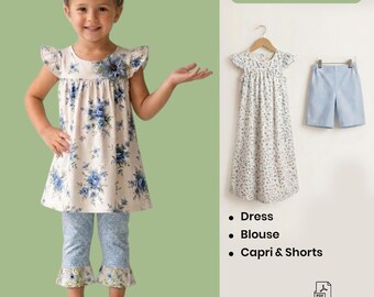 Naaipatroon meisjesjurk, capri en shorts pdf | Jurkpatroon fladdermouwen | Patroon zomeroutfit voor kinderen