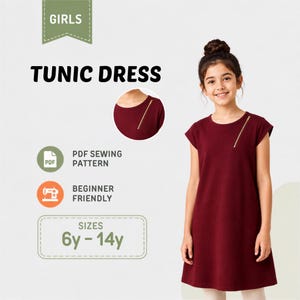 Może przedstawiać: Bordowa sukienka typu tunika z ukośnym zamkiem błyskawicznym na lewym ramieniu. Obraz zawiera tekst GIRLS TUNIC DRESS, PDF SEWING PATTERN, BEGINNER FRIENDLY oraz SIZES 6y - 14y, wraz z okrągłym wstawką pokazującą szczegół zamka błyskawicznego.