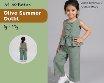 Peplum top meisjes en wijde pijpen broek naaipatroon pdf, kinderzomeroutfit, peuterkledingpatroon, eenvoudig naaipatroon, leeftijden 1-10