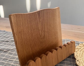 Solid Oak Cookbook & Recipe Stand, Handcrafted Wavy Top Book Holder