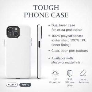 Pode incluir: Uma capa de telem&oacute;vel branca de camada dupla com recorte para c&acirc;mara e bot&otilde;es laterais pretos. O texto diz: TOUGH PHONE CASE, Dual layer case for extra protection, 100% polycarbonate outer shell, 100% TPU inner lining, Clear, open port cutouts, UV Protection, Soft Silicone Liner, Impact Resistant.