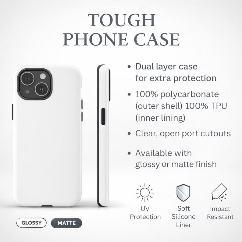Pode incluir: Uma capa de telem&oacute;vel branca de camada dupla com recorte para c&acirc;mara e bot&otilde;es laterais pretos. O texto diz: TOUGH PHONE CASE, Dual layer case for extra protection, 100% polycarbonate outer shell, 100% TPU inner lining, Clear, open port cutouts, UV Protection, Soft Silicone Liner, Impact Resistant.
